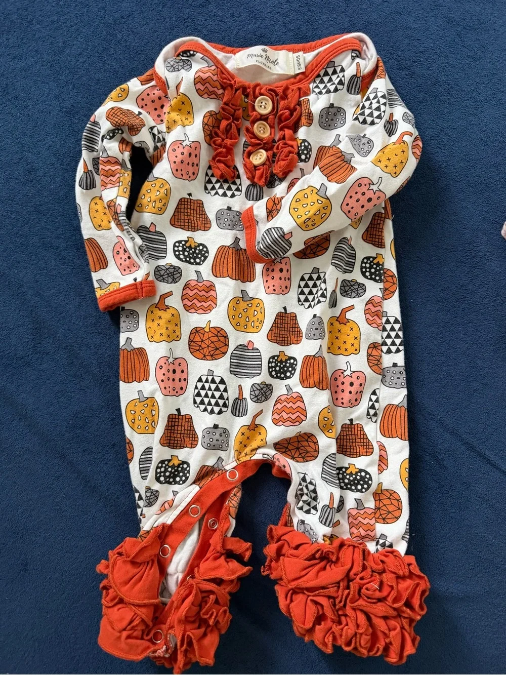 Marie Nicole Girls Pumpkin Print Ruffle One-Piece Romper - Orange